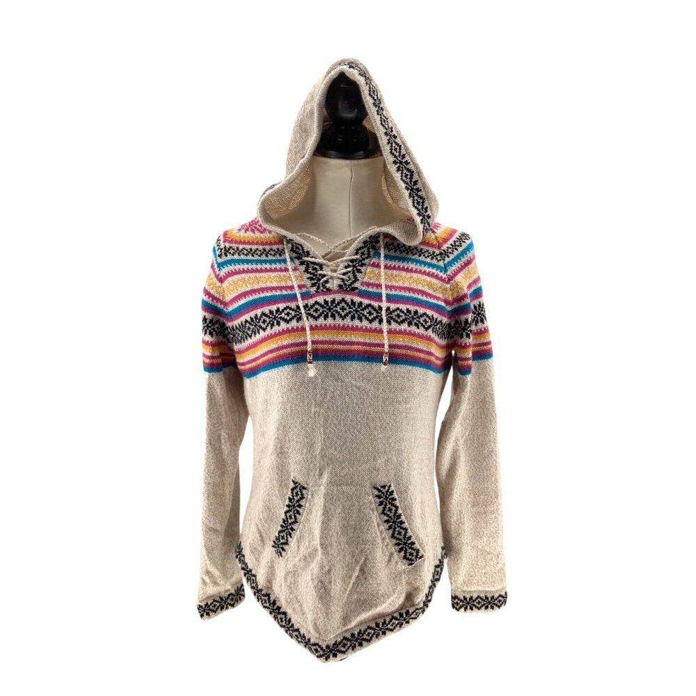 Kiss My Alpaca Multicolor Knit Hoodie Pullover Sweater Lace-Up Neck Women Size M - Picture 1 of 8